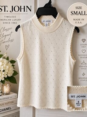 St. John Ivory Openwork Knit Sleeveless Mock Neck Top Small